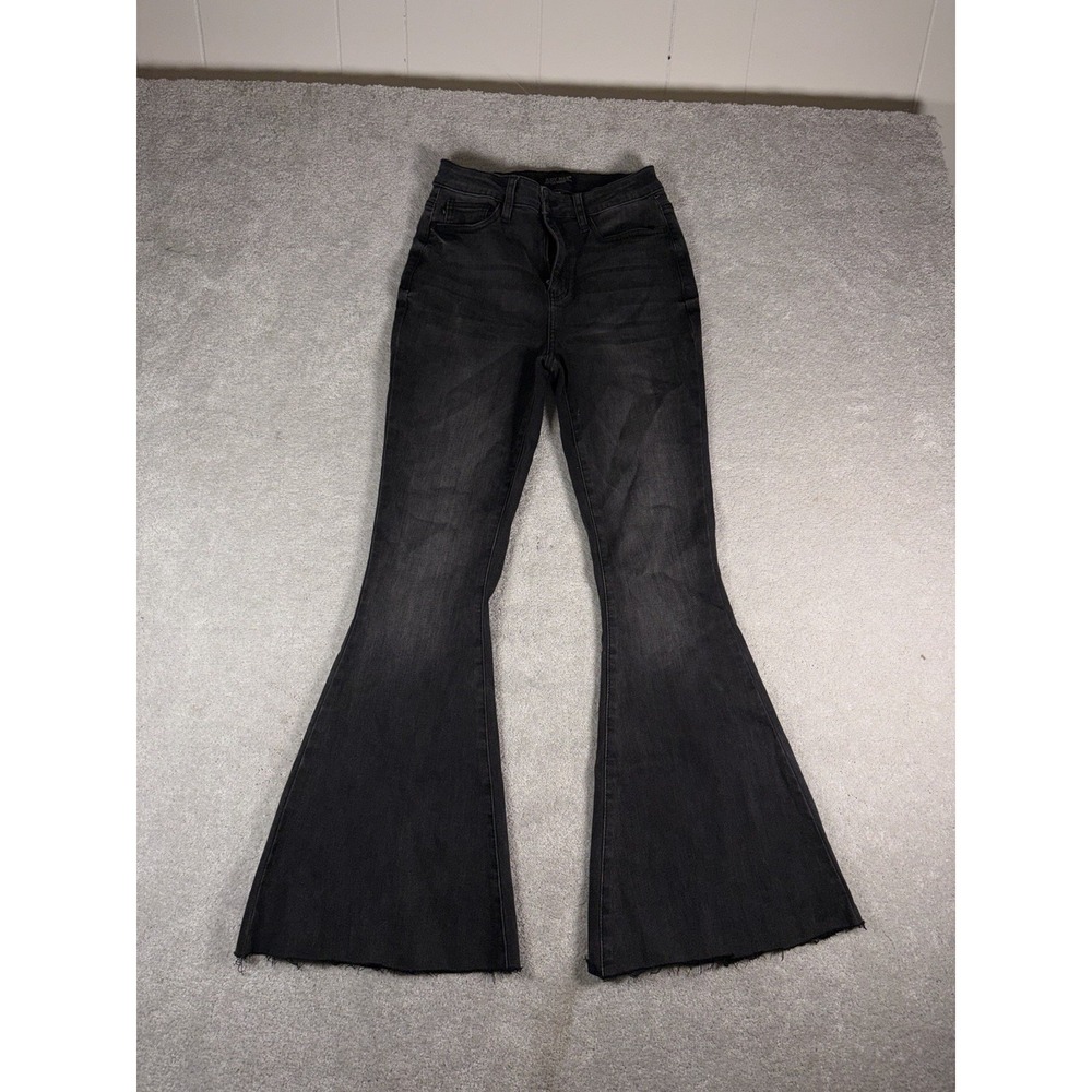 Judy Blue Super Flare Jeans Women's 3/26 Black Wash Distressed Frayed Hem